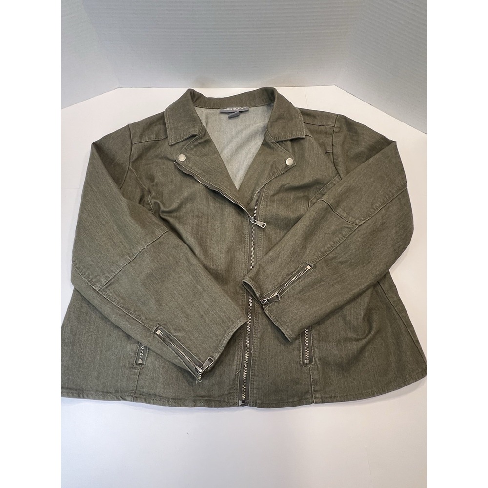 Kate & Mallory Green Denim Offset Zipper Jean Jacket Size 1X Olive Moto Pockets